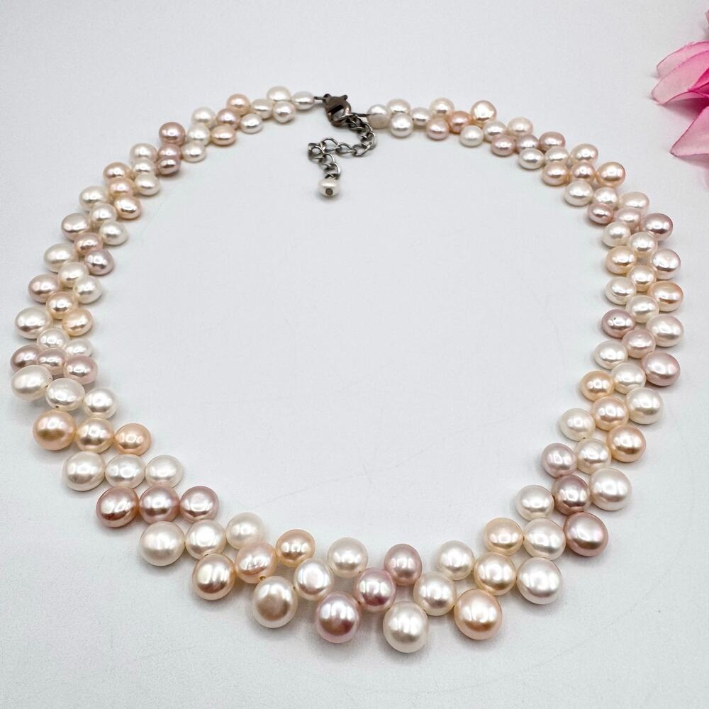Layered Genuine Button Pearl Necklace Cream Peach Pink Wedding Season Bridal - Picture 4 of 15